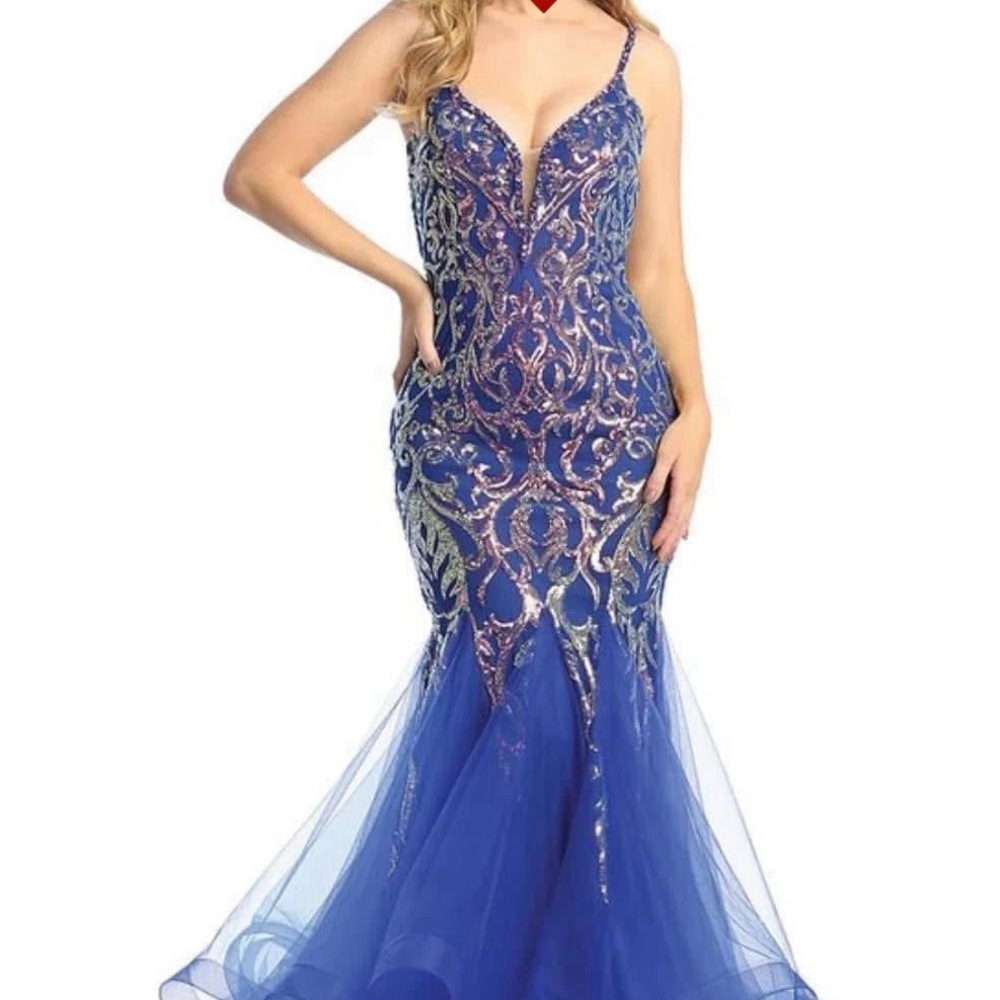 Elegant Blue and Gold Evening Gown